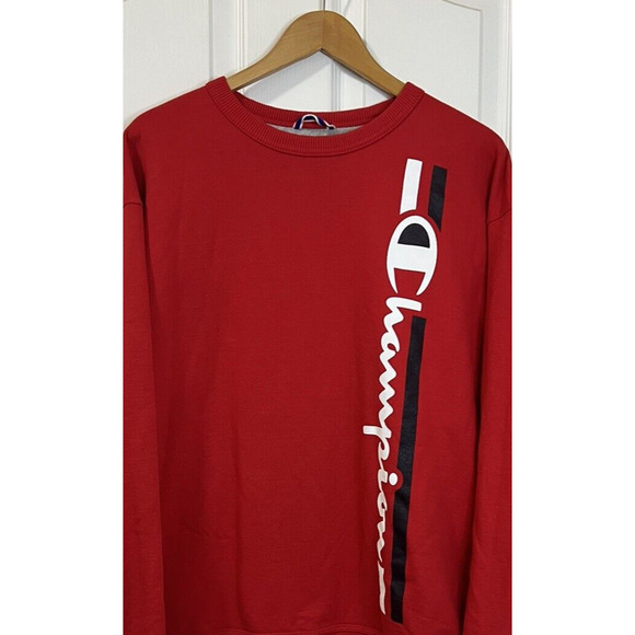 Champion Mens XL Red Sweatshirt Large Horizontal Spellout Logo Pullover - Picture 2 of 4